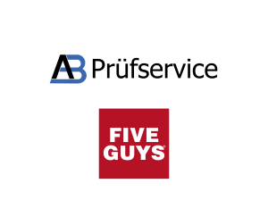 Logos von „AB Prüfservice“ in schwarzer und blauer Schrift, die Sicherheit betonen, neben „Five Guys“ in weißer Schrift auf leuchtend rotem Hintergrund.