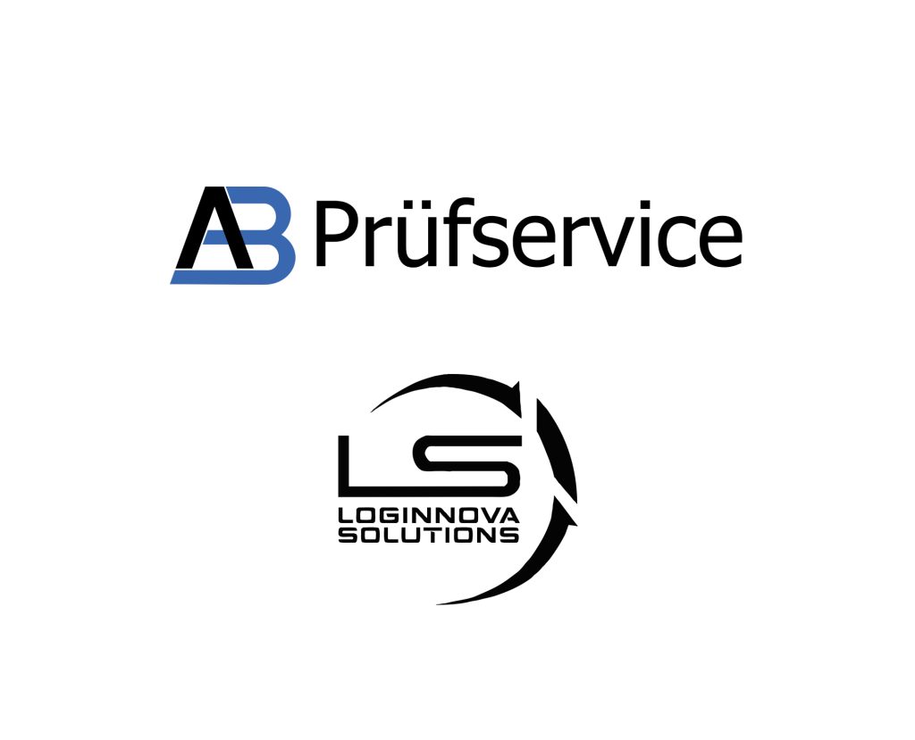 Die Logos von AB Prüfservice und Loginnova Solutions GmbH betonen die effiziente Logistik und werden auf weißem Hintergrund angezeigt.